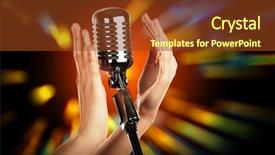  Presentation with laser - PPT theme with voice tone - retro microphone in female hands background and a  colored foreground