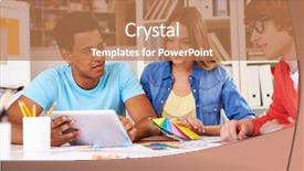  Presentation with business casual - Beautiful presentation design featuring business woman in spectacles sitting at her desk in office and laughing woman sitting in office with laptop computer on her desk backdrop and a light gray colored foreground.