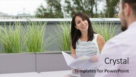  Presentation with meeting - Cool new slides with voip - attractive young business woman holding backdrop and a lemonade colored foreground