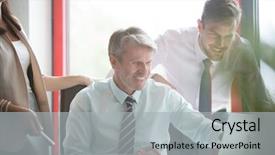  Presentation with business man climbs up to the top of 3d success stairs steps - Slides with voip - senior business man laughing background and a light gray colored foreground