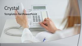  Presentation with telephone - Presentation enhanced with voip telecommunication - businesswoman with office ip telephone background and a  colored foreground