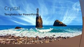  Presentation with volcanic rocks - Presentation theme featuring volcanic island of madeira in the atlantic ocean impressive trip to the fairy island warm summer day three huge scenic rocks concept of exotic and ecological tourism background and a light blue colored foreground