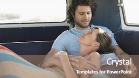  Presentation with campervan - Theme featuring volkswagen - affectionate young couple relaxing background and a coral colored foreground