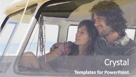  Presentation with campervan - Colorful presentation theme enhanced with volkswagen - smiling young couple in campervan backdrop and a gray colored foreground