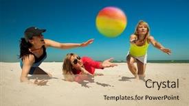  Presentation with beach volleyball - Presentation enhanced with hand ball sport - group of young joyful girls background and a lemonade colored foreground