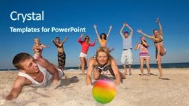  Presentation with volley - Presentation theme featuring game volley ball - group of young joyful people background and a ocean colored foreground