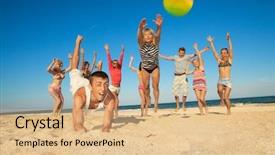  Presentation with volley - Presentation theme having game volley ball - group of young joyful people background and a coral colored foreground