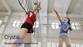  Presentation with volleyball - Amazing PPT theme having volleyball game sport with group backdrop and a light gray colored foreground