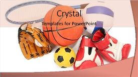  Presentation with variety of sports equipment - PPT theme consisting of volleyball baseball - sports equipment isolated on white background and a coral colored foreground