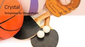  Presentation with assorted sports equipment including - PPT theme featuring volleyball baseball - sports equipment isolated on white background and a gold colored foreground