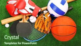  Presentation with equipment - Theme enhanced with volleyball basketball - sports equipment on grass background background and a forest green colored foreground