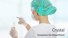  Presentation with portrait of excited overjoyed female - PPT theme featuring volumetric - closeup portrait of female scientist background and a light gray colored foreground