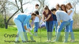  Presentation with small group working - Colorful slide deck enhanced with voluntary - group of volunteers working backdrop and a yellow colored foreground