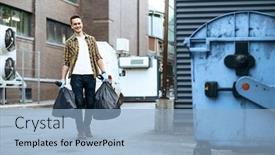  Presentation with bags plastic - Slide set enhanced with volunteer-carries-plastic-trash-bags background and a light blue colored foreground