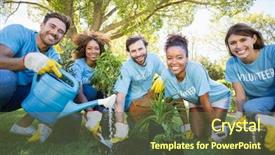  Presentation with volunteer - Colorful PPT theme enhanced with outreach - portrait of volunteer group planting backdrop and a ocean colored foreground