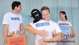  Presentation with food donation - PPT layouts with volunteer group with food donation background and a coral colored foreground