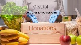  Presentation with food donations - Colorful PPT theme enhanced with volunteer-hands-in-protective-blue backdrop and a light gray colored foreground