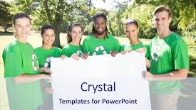  Presentation with environmental biotechnology - Presentation theme featuring volunteer poster - happy environmental activists background and a  colored foreground