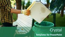  Presentation with plastic bag - Presentation design with volunteer-puts-trash-in-plastic background and a ocean colored foreground