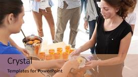  Presentation with sharing - Amazing PPT theme having volunteer sharing food with poor backdrop and a coral colored foreground