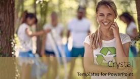  Presentation with plastic pollution - PPT layouts having volunteer-smiling-woman-plastic-pollution background and a yellow colored foreground