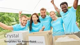  Presentation with charitable - PPT layouts enhanced with volunteer-volunteers-cheer background and a soft green colored foreground