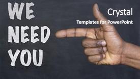  Presentation with blackboard - Amazing PPT theme having volunteer wanted - male hand pointing backdrop and a dark gray colored foreground