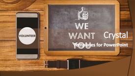  Presentation with volunteer - Slide deck enhanced with volunteer wanted - we want you against hipsters background and a  colored foreground