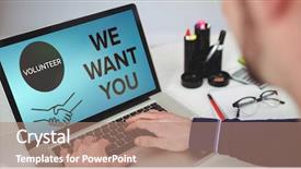  Presentation with blue and magic wand - Slide deck having volunteer wanted - we want you text background and a coral colored foreground