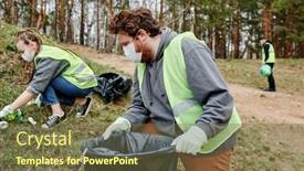  Presentation with garbage - Presentation theme having volunteer-wearing-protective-mask background and a tawny brown colored foreground