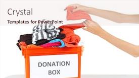  Presentation with donation - Cool new presentation with volunteer with donation box isolated on white backdrop and a lemonade colored foreground