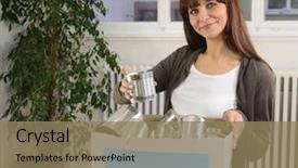  Presentation with food donation - Colorful presentation theme enhanced with volunteer woman with food donation backdrop and a coral colored foreground