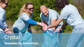  Presentation with garbage - PPT theme consisting of volunteering charity cleaning people background and a teal colored foreground
