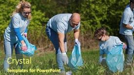  Presentation with garbage - Audience pleasing slide deck consisting of volunteering charity cleaning people and ecology concept - group of happy volunteers with garbage bags cleaning area in park backdrop and a tawny brown colored foreground