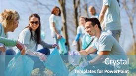  Presentation with garbage - PPT theme featuring volunteering charity cleaning people background and a teal colored foreground