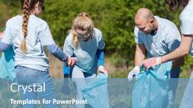  Presentation with community service happy volunteer group - Cool new slide deck with volunteering charity cleaning people and ecology concept - group of happy volunteers with garbage bags cleaning area in park backdrop and a teal colored foreground