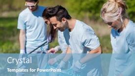  Presentation with garbage - PPT theme featuring volunteering charity cleaning people and ecology concept - group of happy volunteers with garbage bags cleaning area in park background and a light blue colored foreground
