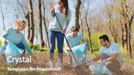  Presentation with community service happy volunteer group - Audience pleasing slide deck consisting of volunteering charity cleaning people backdrop and a coral colored foreground