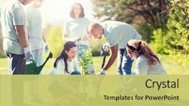  Presentation with tree planting - PPT theme featuring volunteering charity people and ecology background and a yellow colored foreground