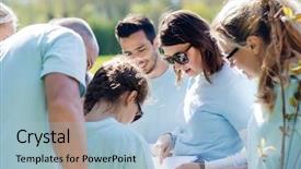  Presentation with charity - Slide deck featuring volunteering charity people and ecology background and a light blue colored foreground