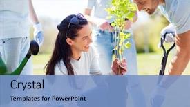  Presentation with tree planting - Slides enhanced with volunteering charity people and ecology background and a light blue colored foreground