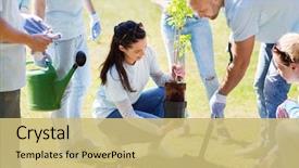  Presentation with tree planting - Colorful PPT layouts enhanced with volunteering charity people and ecology backdrop and a yellow colored foreground