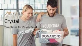  Presentation with donation - Colorful PPT theme enhanced with volunteers looking at clothes in donation box at office backdrop and a mint green colored foreground
