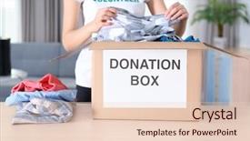  Presentation with donation - Amazing PPT theme having volunteers needed - female volunteer putting clothes backdrop and a lemonade colored foreground