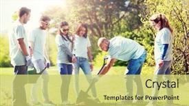  Presentation with tree planting - Presentation theme having volunteers planting tree and digging background and a  colored foreground