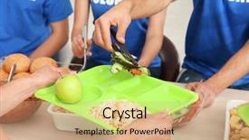  Presentation with homeless people - Presentation theme having free charity - volunteers serving food for homeless background and a coral colored foreground