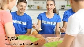  Presentation with teen food - PPT theme having teen volunteers serving food for homeless people indoors background and a coral colored foreground