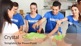  Presentation with teen food - Slides enhanced with volunteers serving food for homeless background and a coral colored foreground