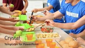  Presentation with homeless people - Theme featuring volunteers serving food for homeless background and a yellow colored foreground