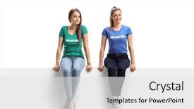  Presentation with female - Presentation featuring volunteers sitting on a white background and a white colored foreground